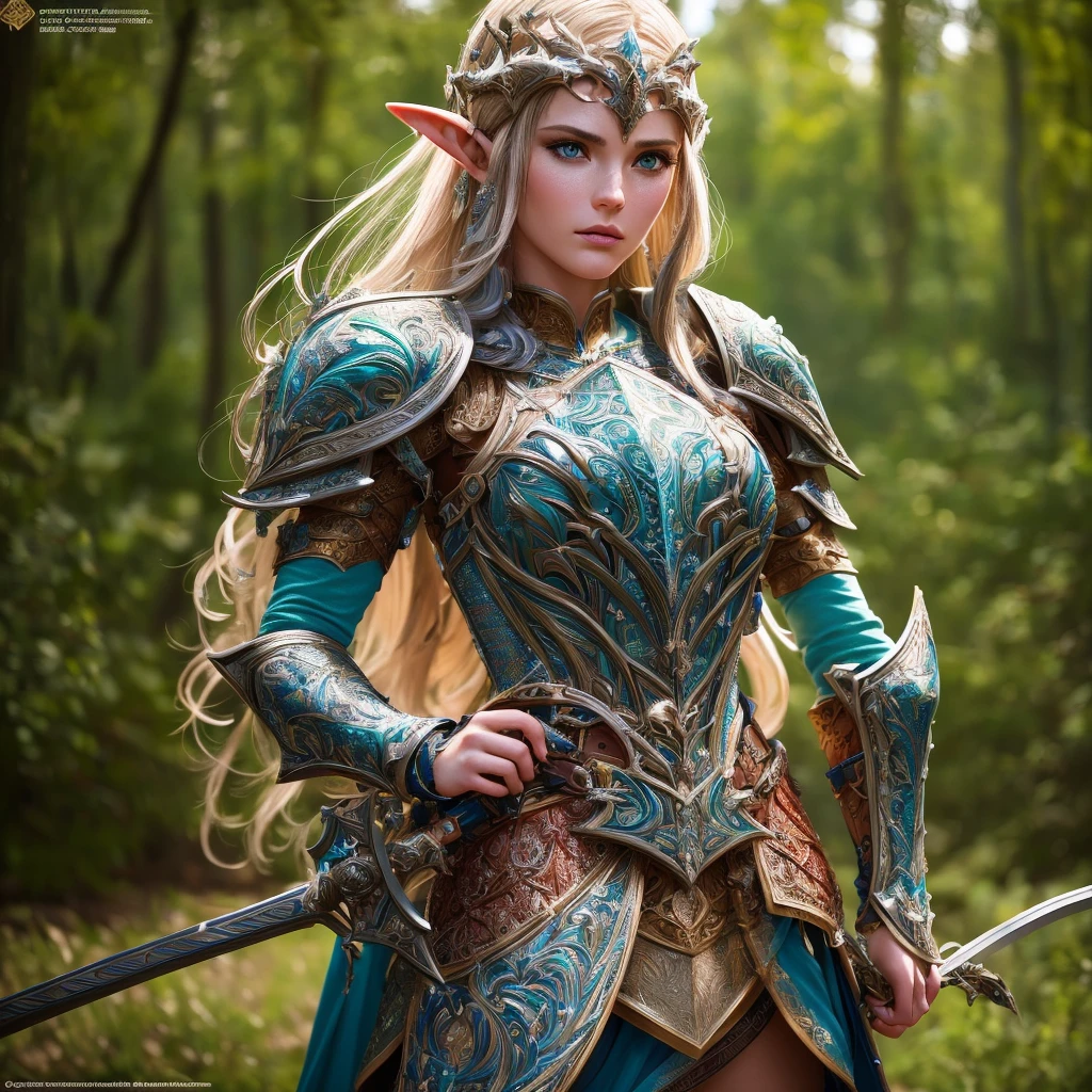 A highly detailed, 1girl, cinematic portrait of a wood elf paladin, standing with a long sword in both hands, wearing a tight, Light blue silver armor, with light green skin, in the style of Baldur's Gate and Dungeons & Dragons, (best quality, masterpiece:1.2), ultra-detailed, (realistic, photo-realistic:1.37), extremely detailed face and eyes, beautiful detailed lips, extremely intricate armor, ornate sword, dramatic lighting, cinematic composition, deep forest background, warm color tones, glowing energy effects, photorealistic, 4k, 8k, highres