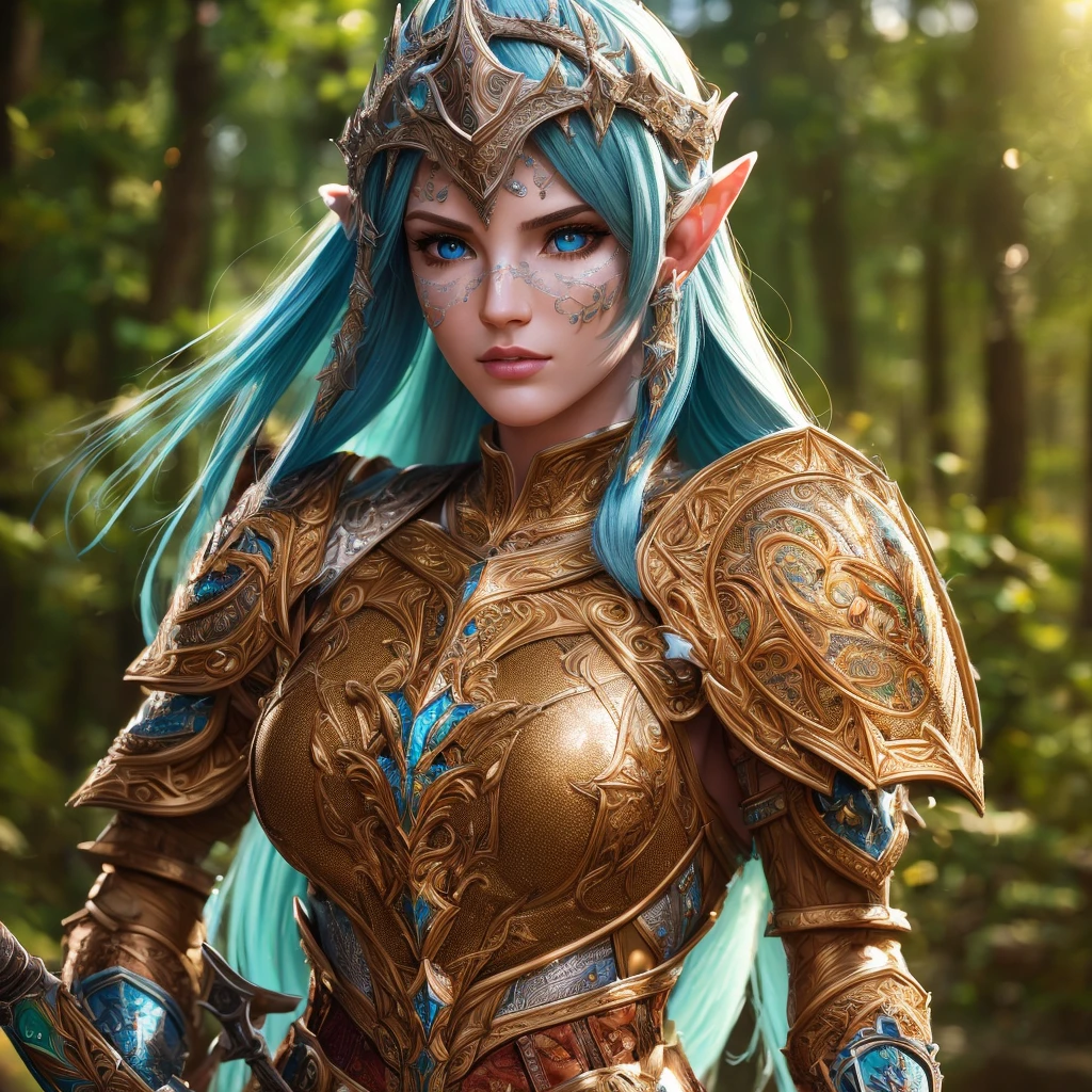 A highly detailed, 1girl, cinematic portrait of a wood elf paladin, standing with a long sword in both hands, wearing a tight, Light blue silver armor, with light green skin, in the style of Baldur's Gate and Dungeons & Dragons, (best quality, masterpiece:1.2), ultra-detailed, (realistic, photo-realistic:1.37), extremely detailed face and eyes, beautiful detailed lips, extremely intricate armor, ornate sword, dramatic lighting, cinematic composition, deep forest background, warm color tones, glowing energy effects, photorealistic, 4k, 8k, highres