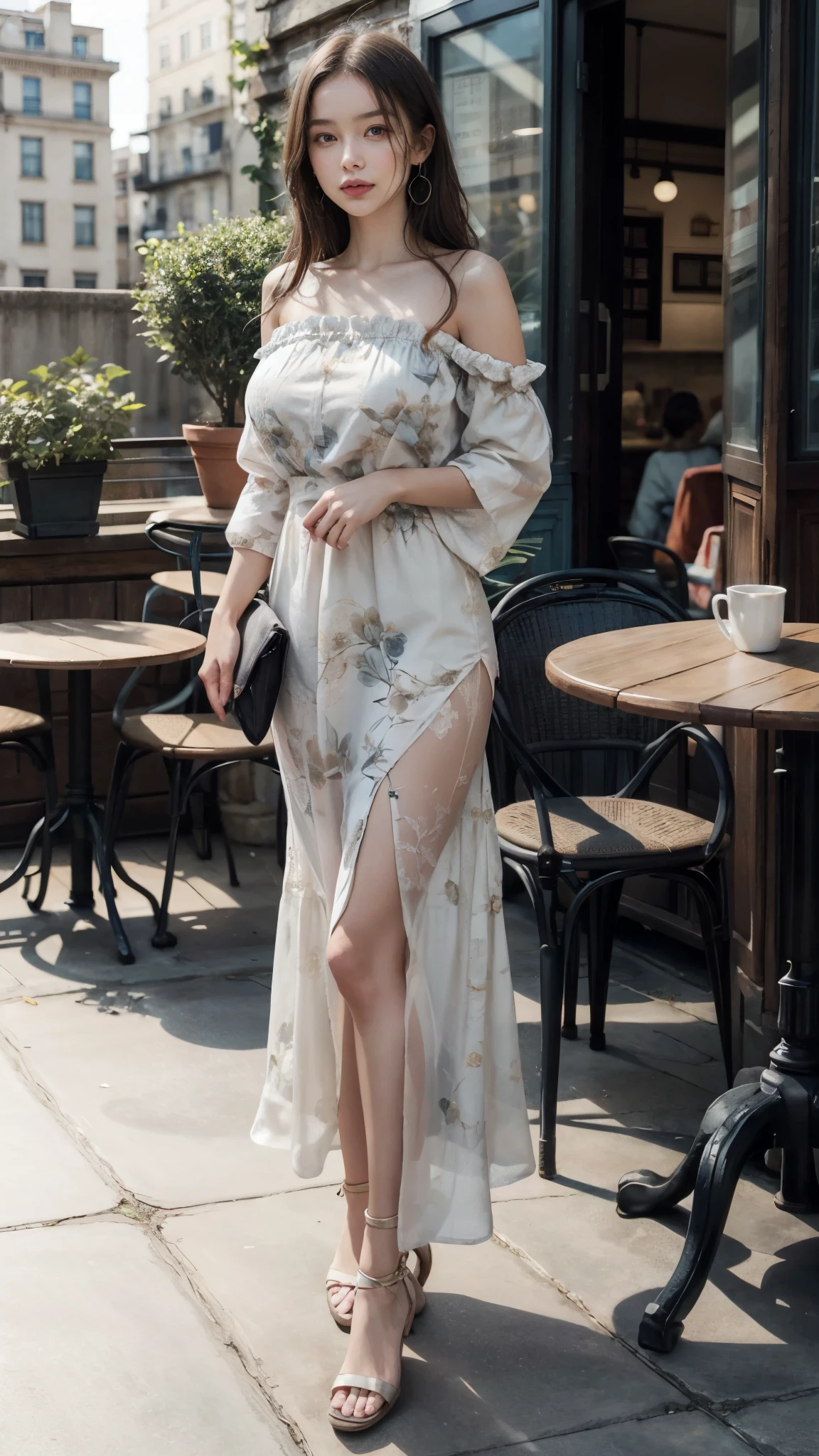 girl wearing strapless dress, BREAK, 1girl, full body, strapless tube dress, detailed face, looking at viewer, long straight hair, middle-parted hair, shoulder, intricate pattern tapestry, masterpiece, highest quality, realistic, very detailed, finer details, high resolution, nice blouse, on the terrace of a lovely cafe, at noon, light brown messy hair, perfect dynamic composition, big earrings, gigantic breasts,