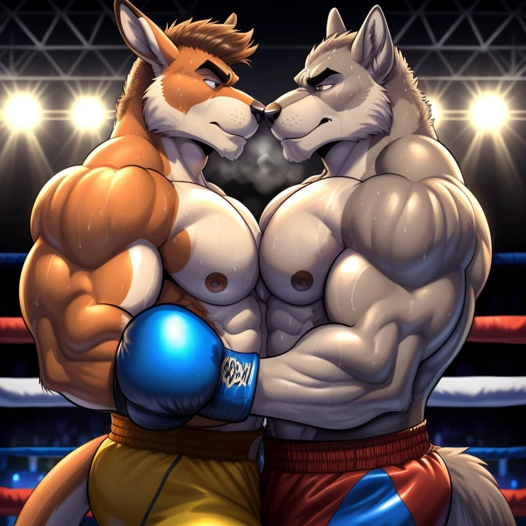 Duo male(Gray Wolf  vs Brown Kangaroo, handsomes, handsome hairstyle, Thick eyebrows, detailed face), gay(cuddling embraced, body with body, face to face, on a boxing match), hot(Shirtless), handsomes(They are handsomes, correct ???????), musculosos(Big muscle bodies, Six packs, muscle abs, big pecs), sweaty(very sweaty wet bodies, shiny sweat), tatuajes(they have tattoos), grumpy(Both have an grumpy expression, grumpy teeths, steaming breath), boxing gloves(They both are wearing boxing gloves), Hight resolution, by(Zourik:1.1)
