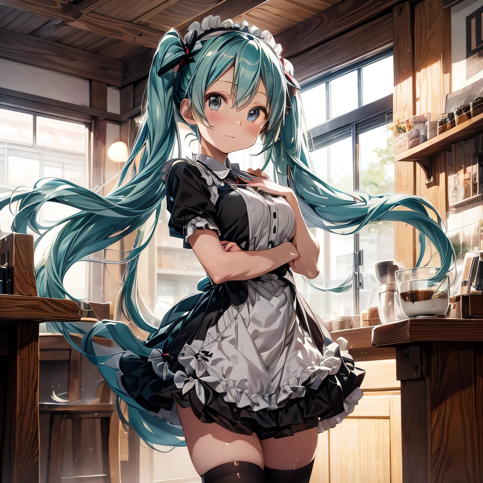 Hatsune Miku、An illustration、Brewing coffee、The background is a cafe、The outfit is a short-sleeved maid outfit with frills and a large ribbon on the chest.