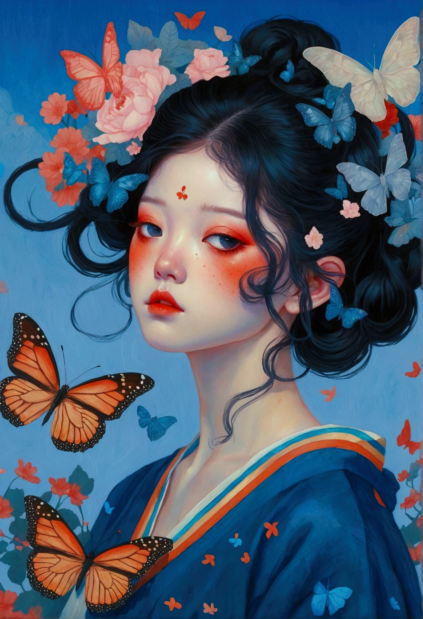 There is a woman in the painting,There are butterflies and eyes on the head, The Third Eye,The Third Eye视角,james jean 和 wlop, Japanese pop surrealism, Loish |, yanjun chengt, James Jean Andre Ryabovich, James Jean (James Jean) of inspiration, inspired by Yanjun Cheng, Beeple 和 Jeremiah Ketner, Juster Battle, By Martin Johanna, inspired By Martin Johanna