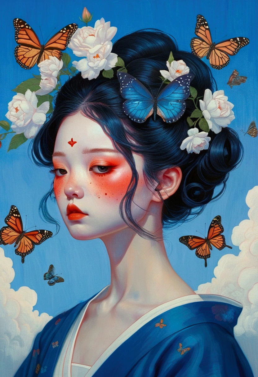 There is a woman in the painting,There are butterflies and eyes on the head, The Third Eye,The Third Eye视角,james jean 和 wlop, Japanese pop surrealism, Loish |, yanjun chengt, James Jean Andre Ryabovich, James Jean (James Jean) of inspiration, inspired by Yanjun Cheng, Beeple 和 Jeremiah Ketner, Juster Battle, By Martin Johanna, inspired By Martin Johanna