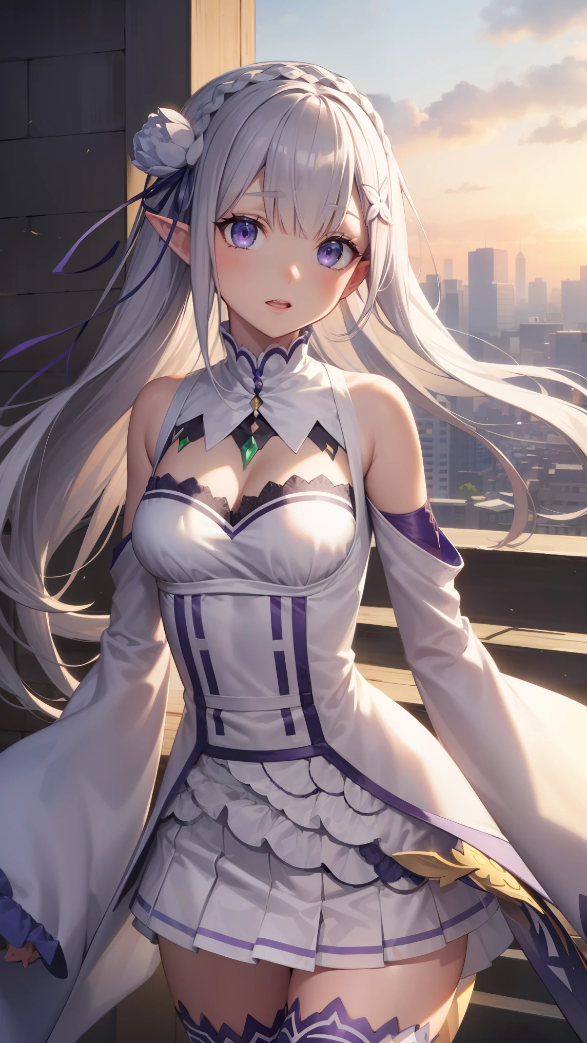 rezeroemilia, emilia, braid, crown braid, flower, hair flower, hair ornament, hair ribbon, long hair, pointy ears, (purple eyes:1.2), white hair, x hair ornament,
BREAK detached collar, detached sleeves, frilled sleeves, frills, long sleeves, miniskirt, pleated skirt, ribbon, skirt, thighhighs, white skirt, white sleeves, white thighhighs, wide sleeves, zettai ryouiki,
BREAK outdoors, city,
BREAK looking at viewer, BREAK (masterpiece:1.2), best quality, high resolution, unity 8k wallpaper, (illustration:0.8), (beautiful detailed eyes:1.6), extremely detailed face, perfect lighting, extremely detailed CG, (perfect hands, perfect anatomy),