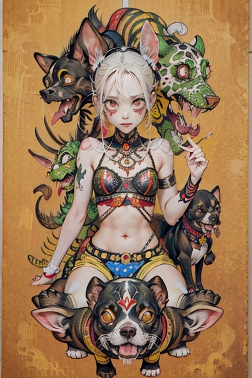 (masterpiece: 1.2, Highest quality),Chihuahua sitting on a Ouija board,Alphabet tattoo on stomach,Dog with a Ouija board、Manga style, rough sketch, Horror elements,
