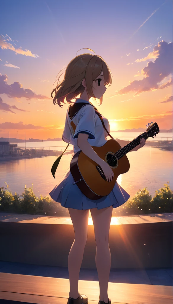 tmasterpiece,best qualtiy,cinematic Film still from,1girl,Cloud Girl,Floating in the sky,closeup cleavage,brightly,cheerfulness,Warm and soft lighting,the sunset,guitar ,play,Physical Education Student(spark of light:0.7)