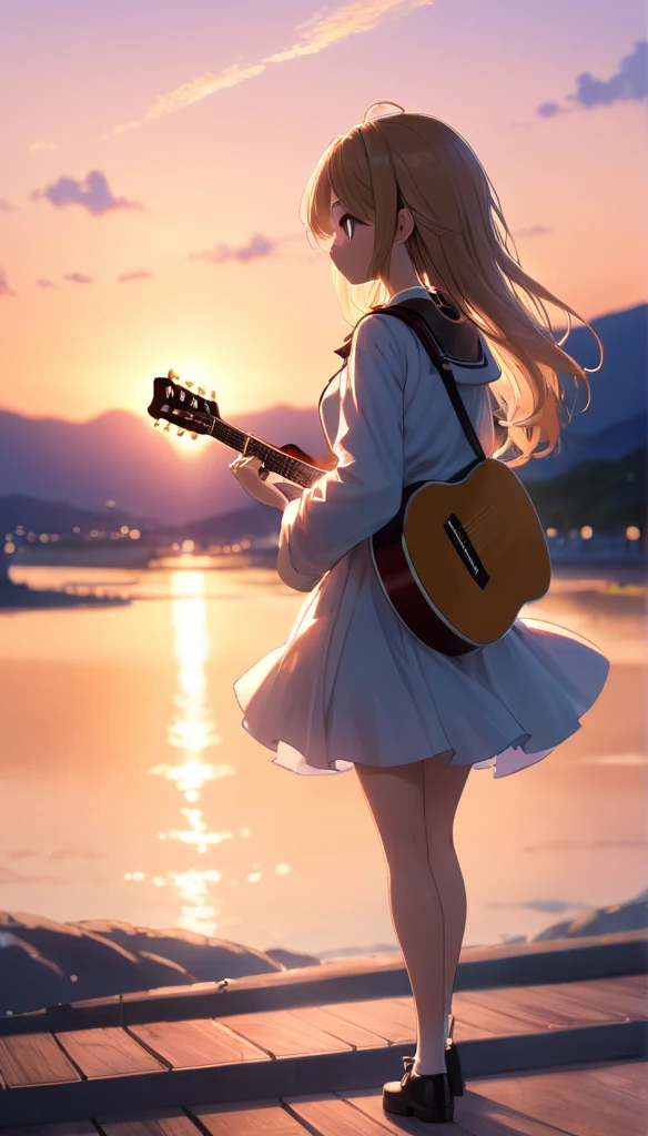 High resolution、high quality、animation、Rear View、Playing guitar、One girl, Light sound、Anime Style, Emotional、Sunset