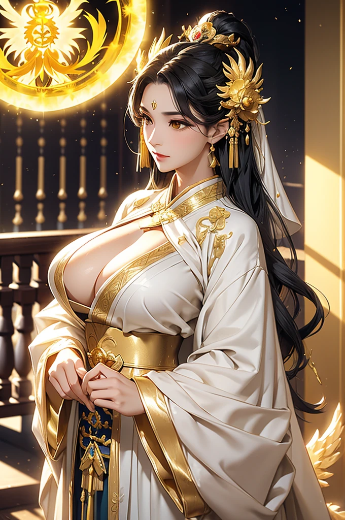 Black Hair, Immortal, Beauty, Royal sister, Stepmother, Gold White Yellow Taoist robe, Golden Phoenix Coronet, Hair Bunch, Big Breasts , Mature Woman,Sunshine