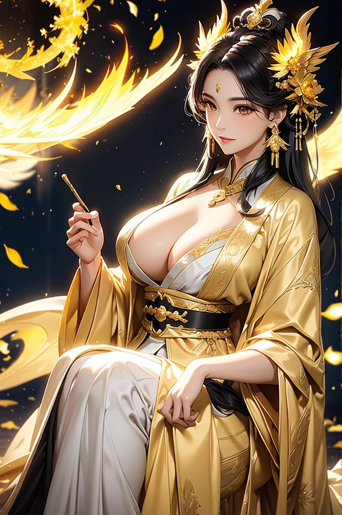 Black Hair, Immortal, Beauty, Royal sister, Stepmother, Gold White Yellow Taoist robe, Golden Phoenix Coronet, Hair Bunch, Big Breasts , Mature Woman，Sunshine