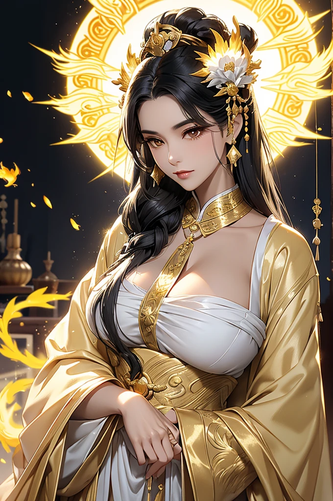 Black Hair, Immortal, Beauty, Royal sister, Stepmother, Gold White Yellow Taoist robe, Golden Phoenix Coronet, Hair Bunch, Big Breasts , Mature Woman，Sunshine