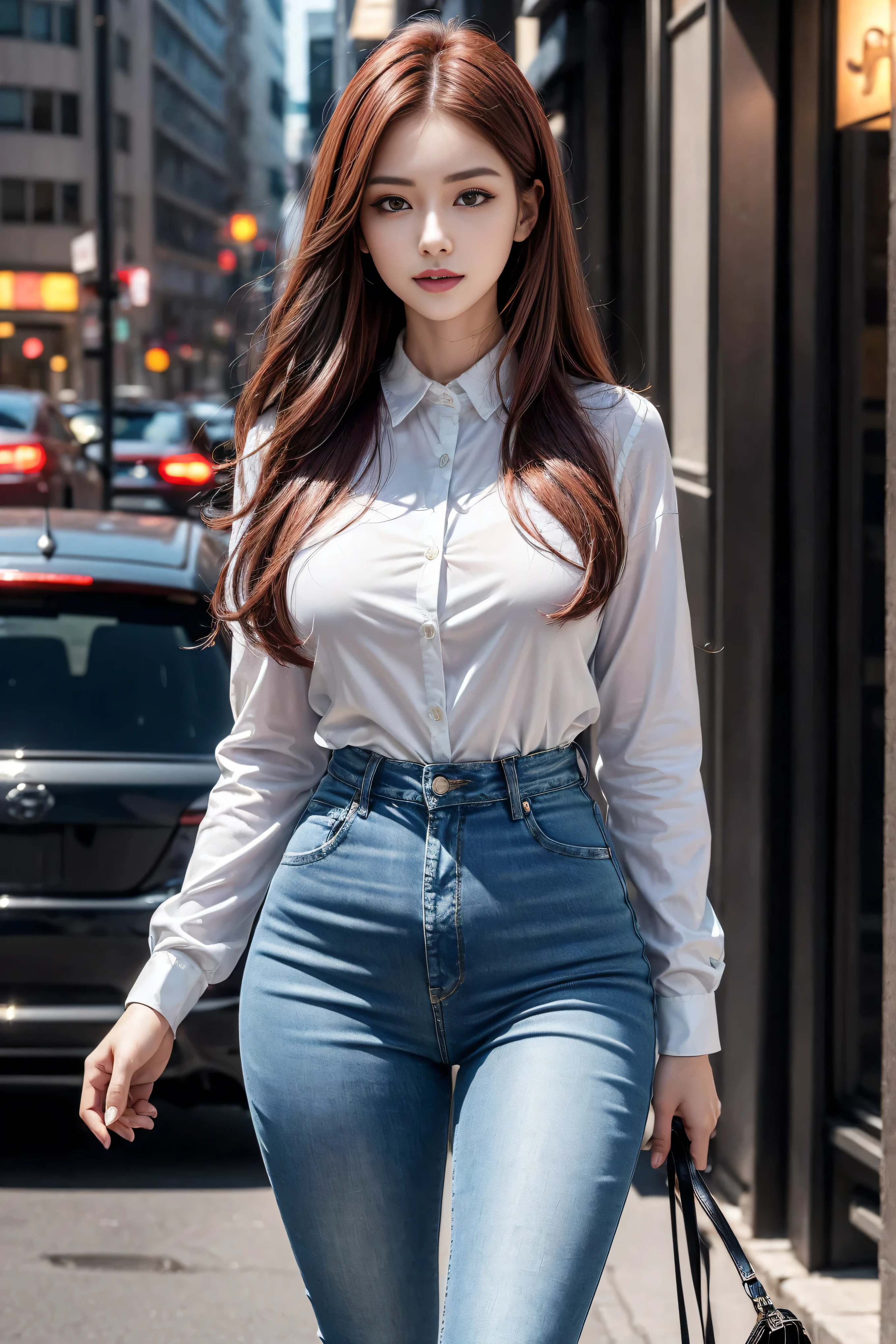 ((Realistic lighting, best quality, 8K, masterpiece:1.3)), Lock focus:1.2, 2 girls, Beautiful Women in Perfect Shape:1.4, : Beautiful Korean girl, Korean Idol，Leg length，(Pale skin), (big eyes),（Smile：0.8），（Plump and sexy lips）， Complex and detailed face, ((Super delicate skin))，Delicate face，Super thin face，Squinting，Double eyelids，((Dark red hair)), (Open collar shirt）,Background Shibuya street，Large depth of field，Super thin face，Squinting，Double eyelids，（Start from below：1.attitude，（Medium chest：1.2），Sexy long legs， （Thigh gap：1.5），Wide hips，S-Shaped Body， Hip lift，Leg length，Light blue skinny jeans，Full body proportions from the front，Long over-the-knee leather boots，