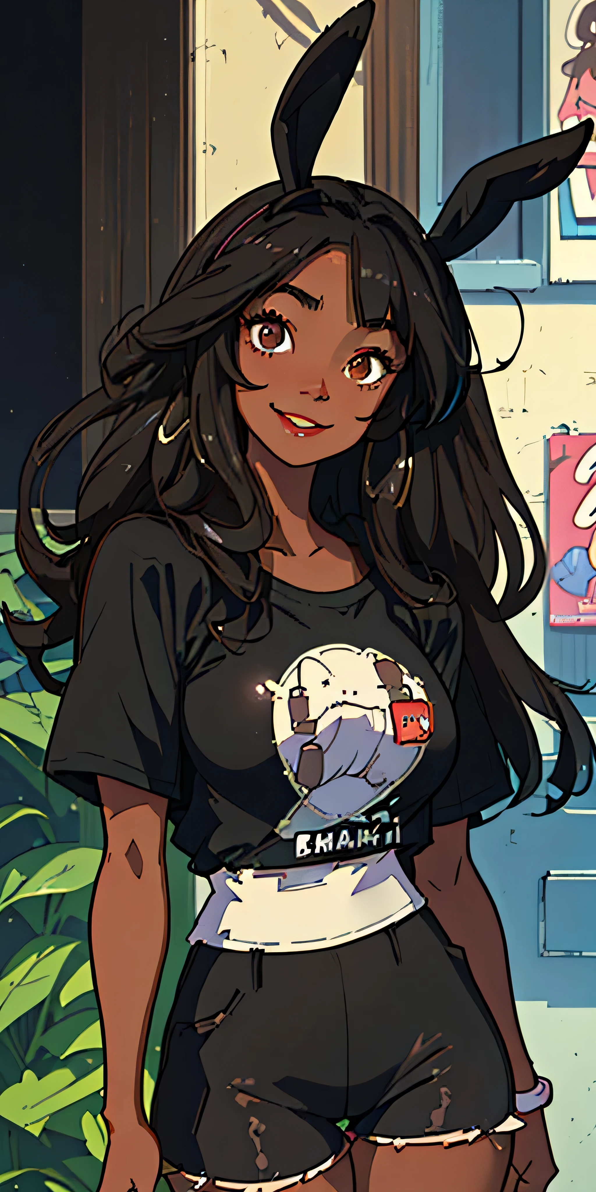 (best quality, masterpiece), black woman, african-american, dark brown skin, black eyes, curvy body, shy, smile, big t-shirt, shorts, black hair, blush, looking up at viewer, tall bunny ears, fluffy bunny tail