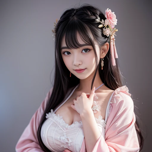 best quality, Delicate face，beautiful visual work, lifelike, eternity, black hair, Long curly hair, blunt bangs, Smile, Detailed Background, Delicate face，pink blush，cold，((masterpiece))、(top quality)、8k、high detail、Super detailed，21 years old female，Wearing the costume of a Tang Dynasty maid、Clothes are light and fluffy，Hanfu, Wide sleeves, Seductive and whimsical style、masterpiece、born、Scenes resembling fairy tale illustrations、intricate details和複雜的設計、Beautifully、magic、capricious、 Beautifully、Dream aesthetics、「𝓡𝓸𝓶𝓪𝓷𝓽𝓲𝓬、ethereal、charming、fickle、magic」、realism、Visual effects、FXAA、SSAO、Shader、voiceless、ambient lighting、Tone mapping、High resolution、Ultra high quality、Million pixels、(8K resolution:1.10)、8k、8k以下、8K resolution、high detail、intricate details， (high quality:1.2、masterpiece:1.2、:1.21)、(21 years old female:1.21)、(興奮地Smile)、(Surrounded by a dreamy atmosphere、Model diagram，full-body shot，Normal 2 feet，Cross your hands and hide them in your sleeves. Do not expose your hands.，You can clearly see that her breasts are very big inside the clothes, Big ，Chest G cup