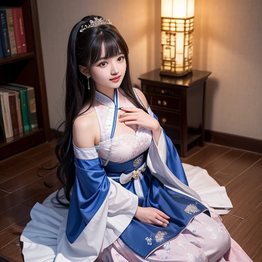 best quality, Delicate face,beautiful visual work, lifelike, eternity, black hair, Long curly hair, blunt bangs, Smile, Detailed Background, Delicate face,pink blush,cold,((masterpiece))、(top quality)、8k、high detail、Super detailed,21 years old female,Wearing the costume of a Tang Dynasty maid、Clothes are light and fluffy,Hanfu, Wide sleeves, Seductive and whimsical style、masterpiece、born、Scenes resembling fairy tale illustrations、intricate details和複雜的設計、Beautifully、magic、capricious、 Beautifully、Dream aesthetics、「𝓡𝓸𝓶𝓪𝓷𝓽𝓲𝓬、ethereal、charming、fickle、magic」、realism、Visual effects、FXAA、SSAO、Shader、voiceless、ambient lighting、Tone mapping、High resolution、Ultra high quality、Million pixels、(8K resolution:1.10)、8k、8k以下、8K resolution、high detail、intricate details, (high quality:1.2、masterpiece:1.2、:1.21)、(21 years old female:1.21)、(興奮地Smile)、(Surrounded by a dreamy atmosphere、Model diagram,full-body shot,Normal 2 feet,Cross your hands and hide them in your sleeves. Do not expose your hands.,You can clearly see that her breasts are very big inside the clothes, Big ,Chest G cup