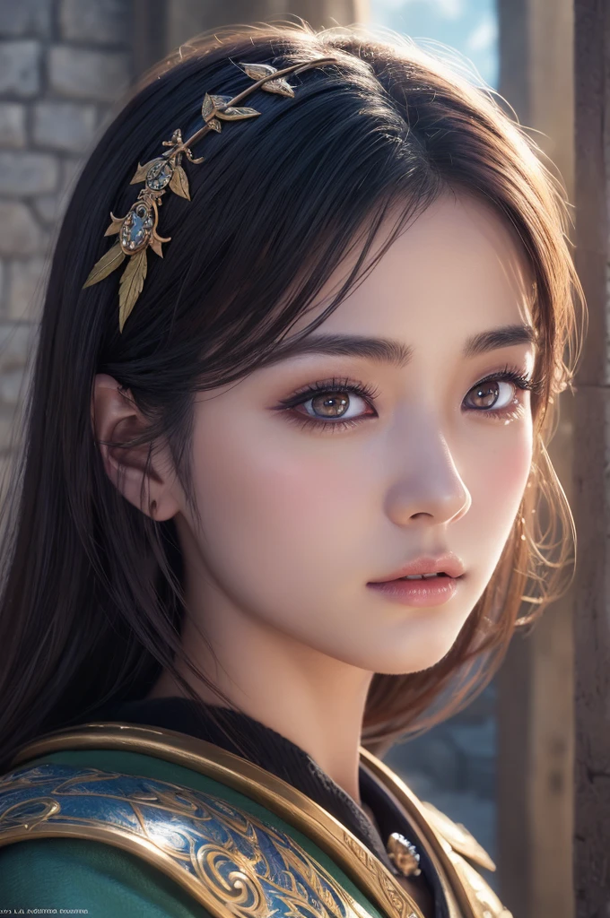 a 20 years old japanese girl,(dragonquest sage,Excalibur:1.0),beautiful detailed eyes,beautiful detailed lips,extremely detailed face and eyes,long eyelashes,fantasy,medieval,magic,medieval castle,landscape,art,digital painting,cinematic lighting,vibrant colors,dramatic lighting,realistic,photogenic,masterpiece,4k,best quality