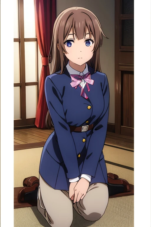 Chocolate brown hair, lilac eyes, jujutsu blue uniform