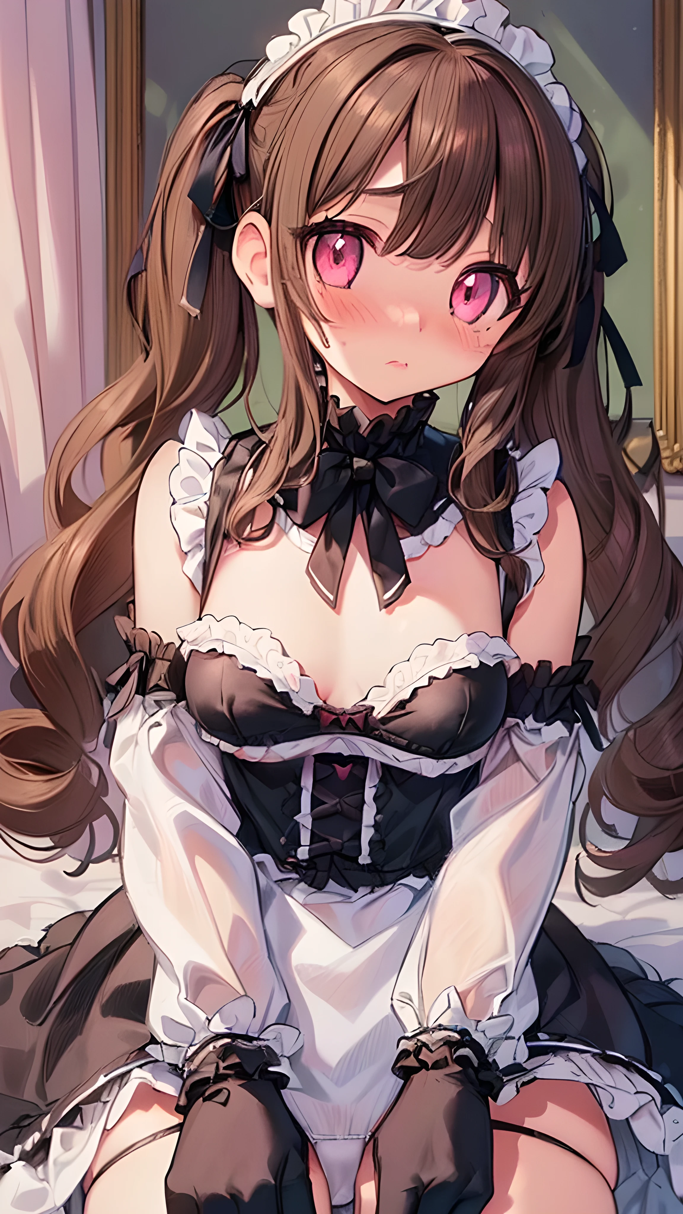 masterpiece, Highest quality, Very detailed, One girl, evaluation: Sensitive, ((Gothic ta Fashion, Black clothes, Frills)), ((Change of clothes, Open clothes, Unfinished garment, White bra, White panties)), (((17 ynk Eyes, Cute eyes, Highlight Eyes:1.2, Very cute face, Hair Ribbon, Detailed Hair, Light brown hair, Long, thick, wavy twin tails:1.2, bangs, Medium chest, blush:1.3, shy:1.2, Lips parted))), ((Cowboy Shot)), bed、Flip up the skirt、Nipples、I can see the boobs

