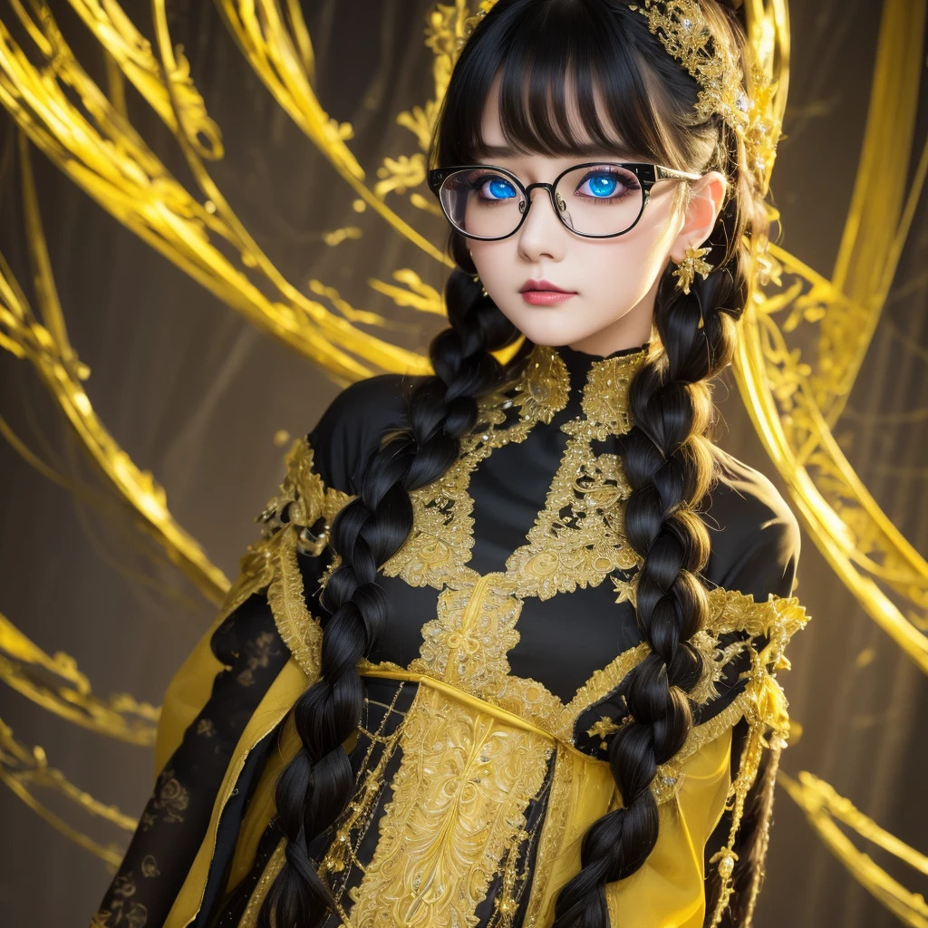 from below, best quality, 32k, RAW photo, incredibly absurdres, extremely detailed, delicate texture, beautiful lady, cold condescending gaze, wearing black gothic-loli-fashion, glossy iridescent braided hair, perfect body line, professional lighting,  Her hair is long with yellow and black highlights，wear glasses，black and yellow hair