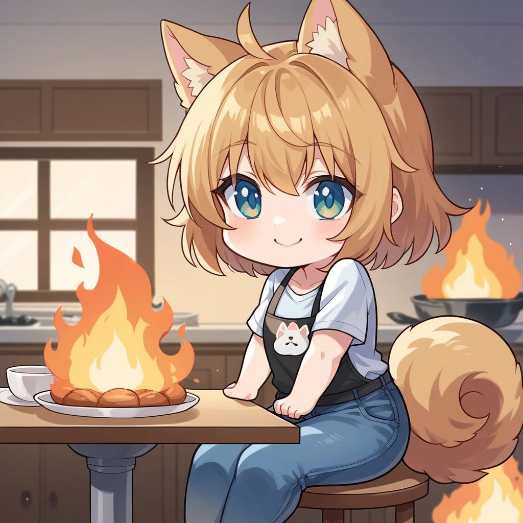 source_anime, score_9, score_8_up, BREAK a (chibi:1.2) 1girl sitting on a kitchen on (fire:1.5), dog ears, shirt, jeans, table, smile