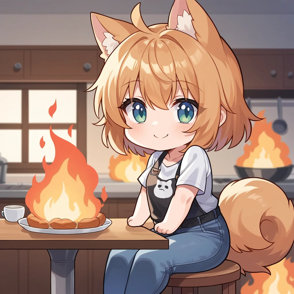 source_anime, score_9, score_8_up, BREAK a (chibi:1.2) 1girl sitting on a kitchen on (fire:1.5), dog ears, shirt, jeans, table, smile