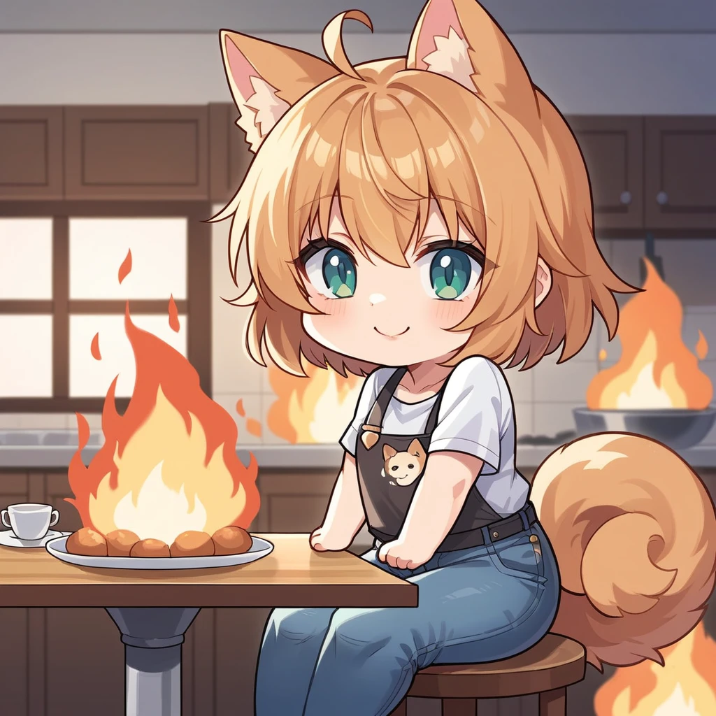 source_anime, score_9, score_8_up, BREAK a (chibi:1.2) 1girl sitting on a kitchen on (fire:1.5), dog ears, shirt, jeans, table, smile