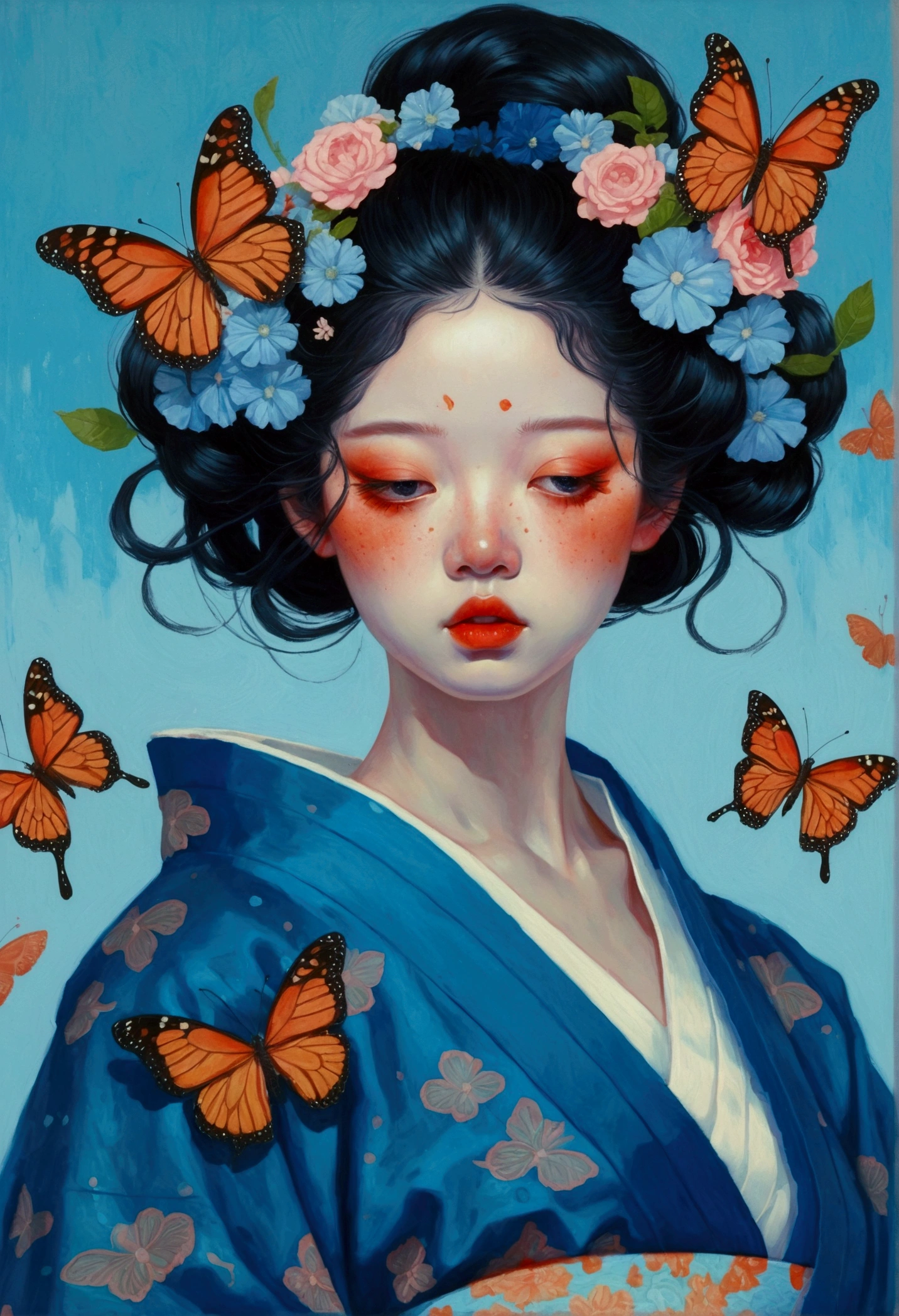 The painting shows a woman wearing a Japanese kimono,There are butterflies and eyes on the head, James Jean (James Jean) Inspired by the extremely detailed, Popular on artstation, Pop surrealism, james jean 和 wlop, japanese Pop surrealism, Loish |, James Jean Andre Ryabovich, yanjun chengt, Beeple 和 Jeremiah Ketner, Juster Battle