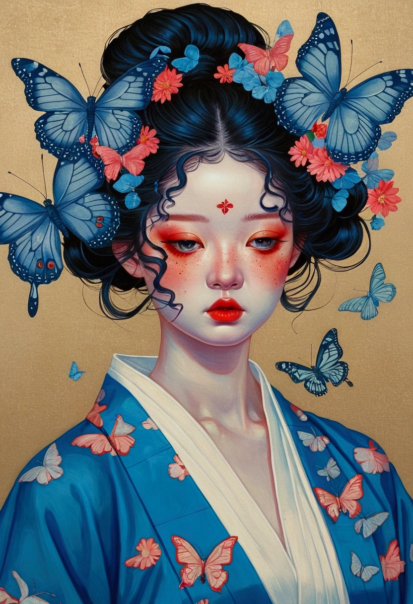 The painting shows a woman wearing a Japanese kimono，There are butterflies and eyes on the head, James Jean (James Jean) Inspired by the extremely detailed, Popular on artstation, Pop surrealism, james jean 和 wlop, japanese Pop surrealism, Loish |, James Jean Andre Ryabovich, yanjun chengt, Beeple 和 Jeremiah Ketner, Juster Battle