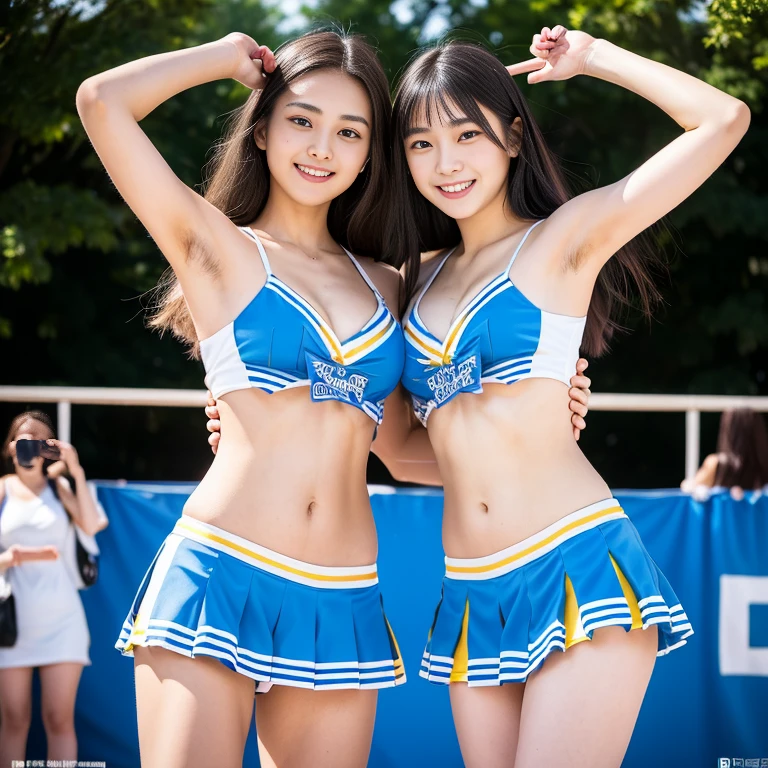 NSFW,masterpiece,best quality:1.4),(8k,raw photo,photo realistic:1.2),best quality,high quality, masterpiece,detailed,high resolution,shiny skin,detailed skin,detailed face,detailed eyes,mutated hands and fingers,lightning body,Naked japanese 18-20years-old 2girls,2girls hight 163-168cm,smile face,sexy nude cut cheer girls costume,front view,Full body shot, skinny body,small breasts,athletics stadium studium ,I'm rooting for you,thin eyebrow, Hairlessneseach,smile, looking at viewer, black hair, long hair or medium hair or ponytail hair,brown eyes, bangs, toenails, blush, stomach, barefoot, 3girl, small breasts, completely,female pubic hair,buzzer,outddor,spotlight,blue sky,stand of full people.daytime,one arm up pose,one leg up flexible pose,