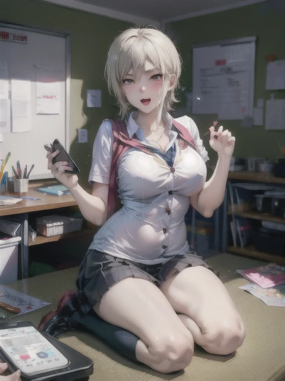 ((Highest quality)), ((masterpiece)), (detailed), One Girl,(Knee-length),Cosplay,whole body,Big Breasts,Underbust,school uniform,(Open the buttons on your shirt),22-year-old woman,(Naughty look),((Excited expression)),Browsing Caution,nswf Japanese,(attractive appearance),atmosphere,rotor,blush,(Girl in a dark classroom),リモコンrotor,(pink remote control),(In a messy room)
