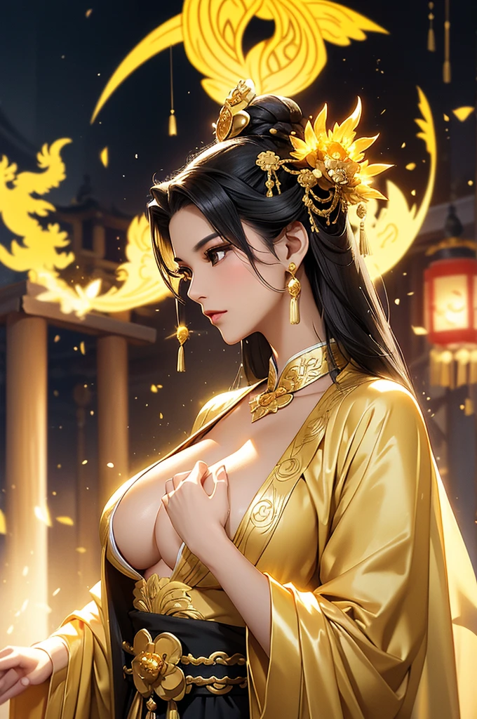 Black Hair, Immortal, Beauty, Royal sister, Stepmother, Gold Yellow Taoist robe, Golden Phoenix Coronet, Hair Bunch, Great Breasts, Mature Woman,Sunshine