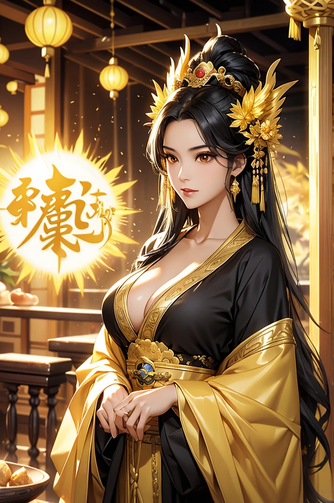 Black Hair, Immortal, Beauty, Royal sister, Stepmother, Gold Yellow Taoist robe, Golden Phoenix Coronet, Hair Bunch, Great Breasts, Mature Woman,Sunshine