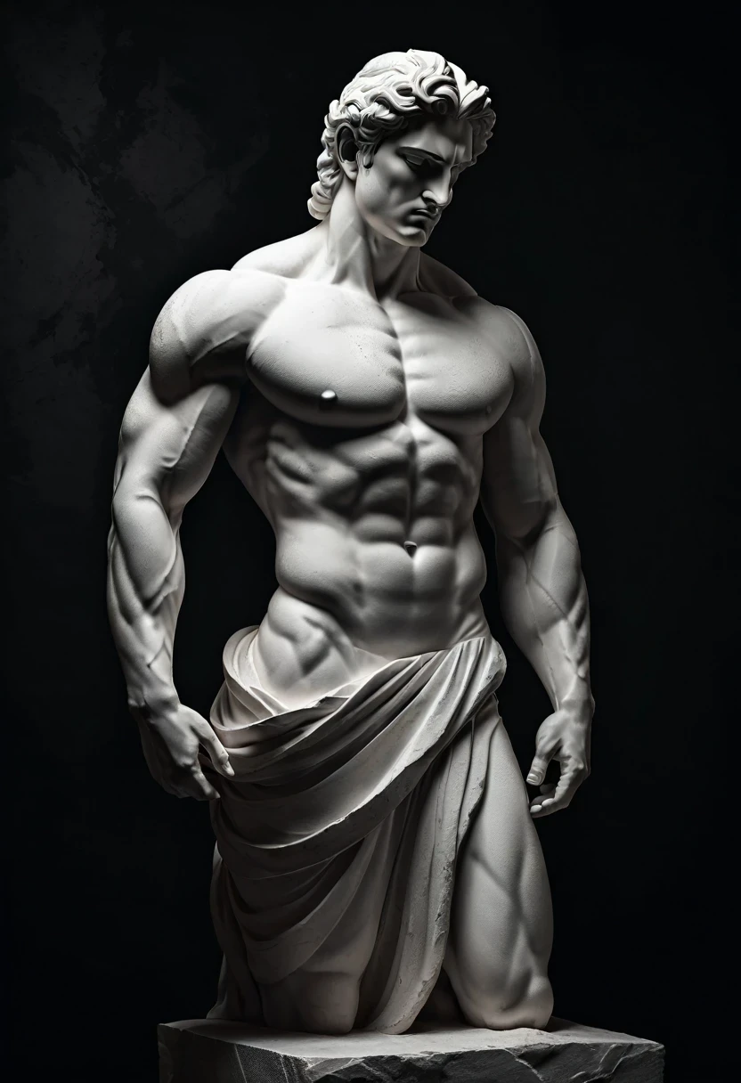 Greek god white stone statue in a dark studio, perfect muscular body statue, man statue, minimal background, classic physique. Use a monochromatic color scheme with subtle variations in tone to emphasize the subject’s emotional state. Incorporate delicate textures and fine details to enhance the sense of stillness and introspection.