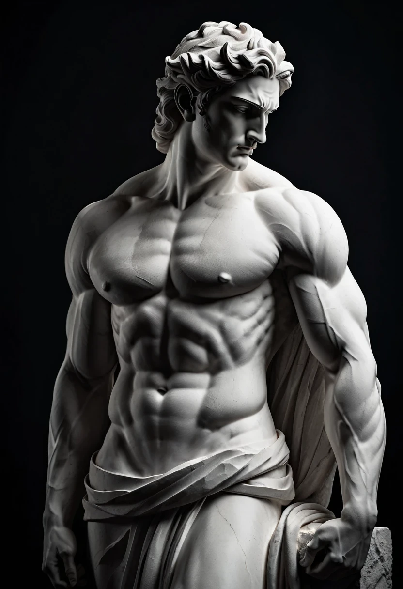 Greek god white stone statue in a dark studio, perfect muscular body statue, man statue, minimal background, classic physique. Use a monochromatic color scheme with subtle variations in tone to emphasize the subject’s emotional state. Incorporate delicate textures and fine details to enhance the sense of stillness and introspection.