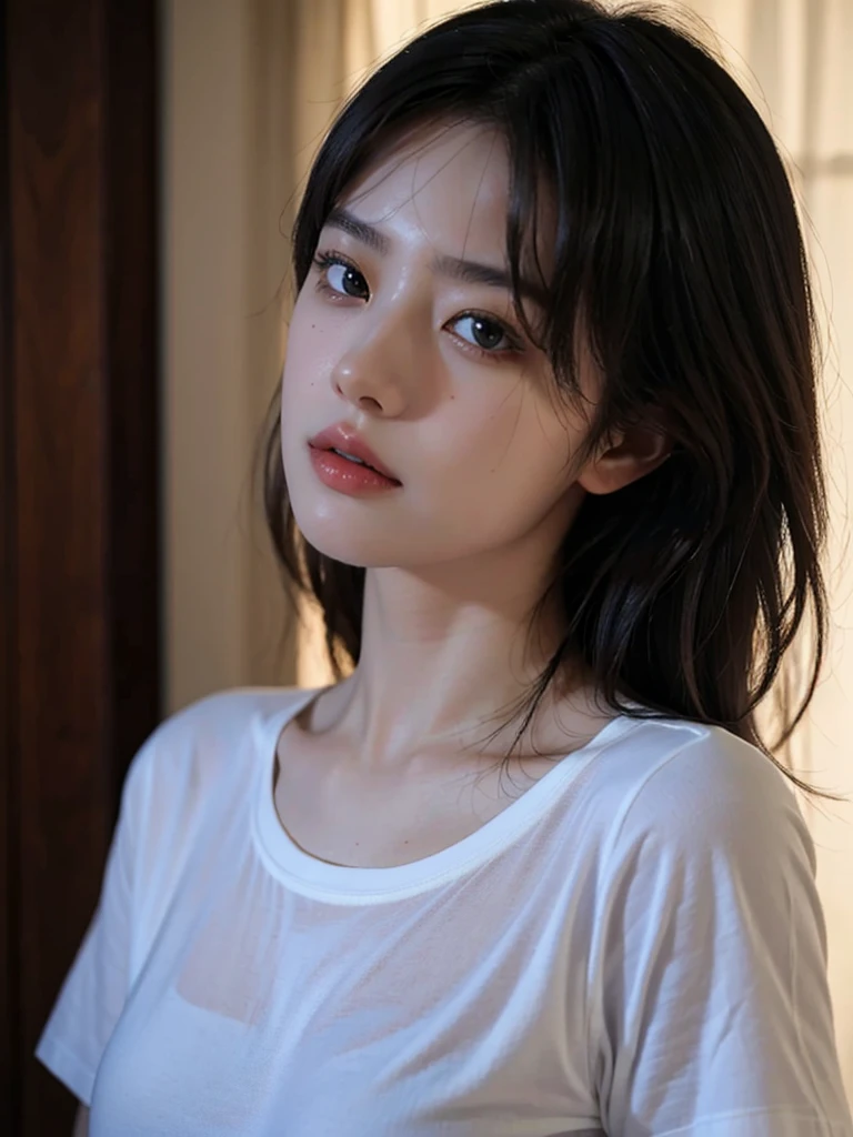 Highest quality、masterpiece、Ultra-high resolution、(Realism:1.4)、1 girl、In a pale background、Deep Shadow、Low Key、Shortcuts、Upper Body、sex appeal、Wearing a T-shirt、Clothes are not see-through、Cosmetic CM