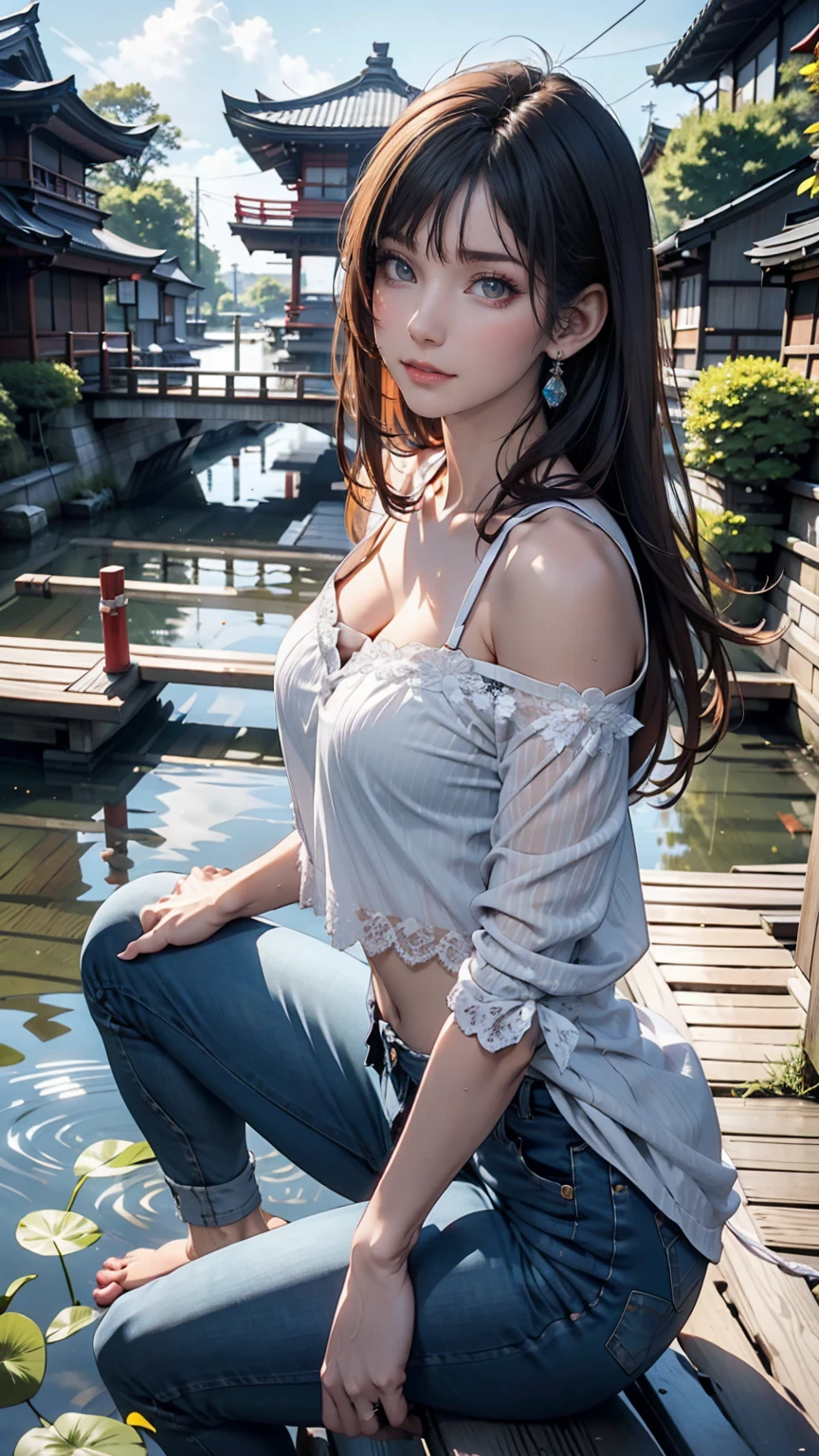 24-year-old female、Semi-long hair、black eye、Off-the-shoulder top with lace embellishment、Skinny jeans、barefoot、Japan、Shiga Prefecture、Omihachiman、water moat、Ishigaki、Waterway、Clear Stream、Summer blue sky、cumulonimbus、Sit down and put your feet in the water