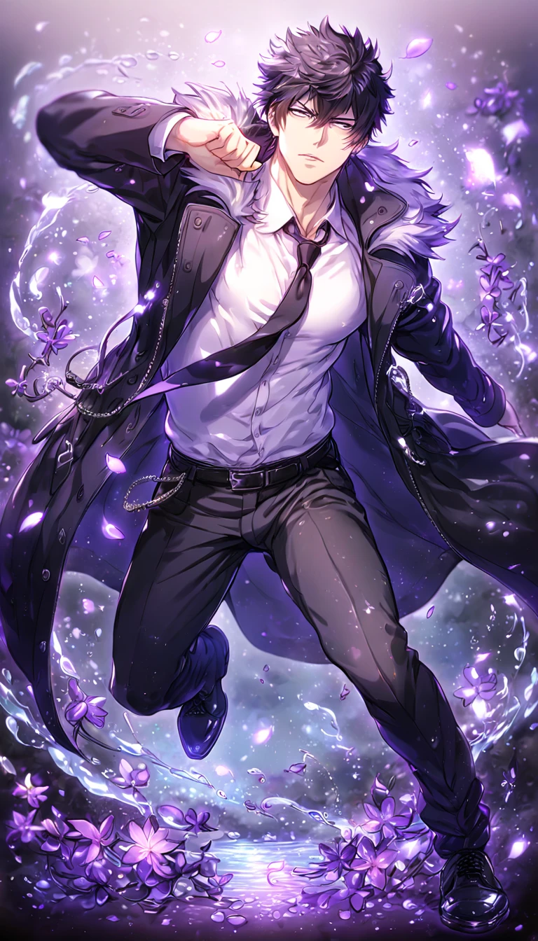 Ultra detailed, HDR, Highres, absurdres, master piece, Kougami Shinya, black hair, expressive gray eyes, black coat with a fur collar, black necktie, white shirt, black pants, black shoes, Psycho Pass, sexy man, handsome, purple flowers, petals, fantasy, magical, purple leaves, handsome, best quality, glittering, manly man, sensual, horny, water, purple shining fireflies,