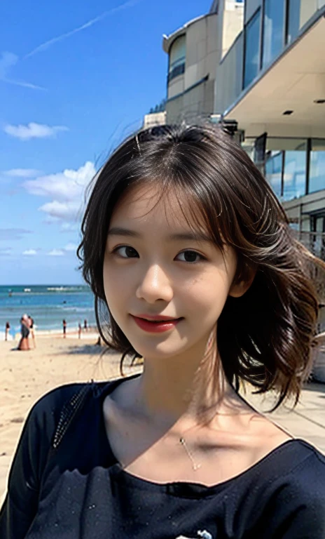 (best quality,8k,masterpiece:1.3),self-shot,sharp focus:1.2,a gorgeous beauty with a perfect figure:1.4,slim,brown hair,black hair,tight wet white t-shirt,medium ,pleated skirt,highly detailed face,elegant expression,standing,blue sky,white clouds,beach by the sea:1.3,highly detailed facial and skin texture,cute face, kind smile,very detailed facial features,detailed eyes,double eyelids,beach cleanup,windy day,full of plastic,photorealism,award winning,sfw)