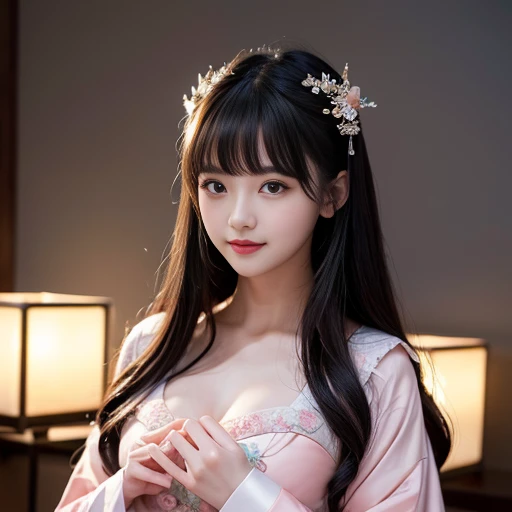 best quality, Delicate face，beautiful visual work, lifelike, eternity, black hair, Long curly hair, blunt bangs, Smile, Detailed Background, Delicate face，pink blush，cold，((masterpiece))、(top quality)、8k、high detail、Super detailed，21 years old female，Wearing the costume of a Tang Dynasty maid、Clothes are light and fluffy，Hanfu, Wide sleeves, Seductive and whimsical style、masterpiece、born、Scenes resembling fairy tale illustrations、intricate details和複雜的設計、Beautifully、magic、capricious、 Beautifully、Dream aesthetics、「𝓡𝓸𝓶𝓪𝓷𝓽𝓲𝓬、ethereal、charming、fickle、magic」、realism、Visual effects、FXAA、SSAO、Shader、voiceless、ambient lighting、Tone mapping、High resolution、Ultra high quality、Million pixels、(8K resolution:1.10)、8k、8k以下、8K resolution、high detail、intricate details， (high quality:1.2、masterpiece:1.2、:1.21)、(21 years old female:1.21)、(興奮地Smile)、(Surrounded by a dreamy atmosphere、Model diagram，full-body shot，Normal 2 feet，Cross your hands and hide them in your sleeves，You can clearly see that her breasts are very big inside the clothes, Big ，Chest G cup