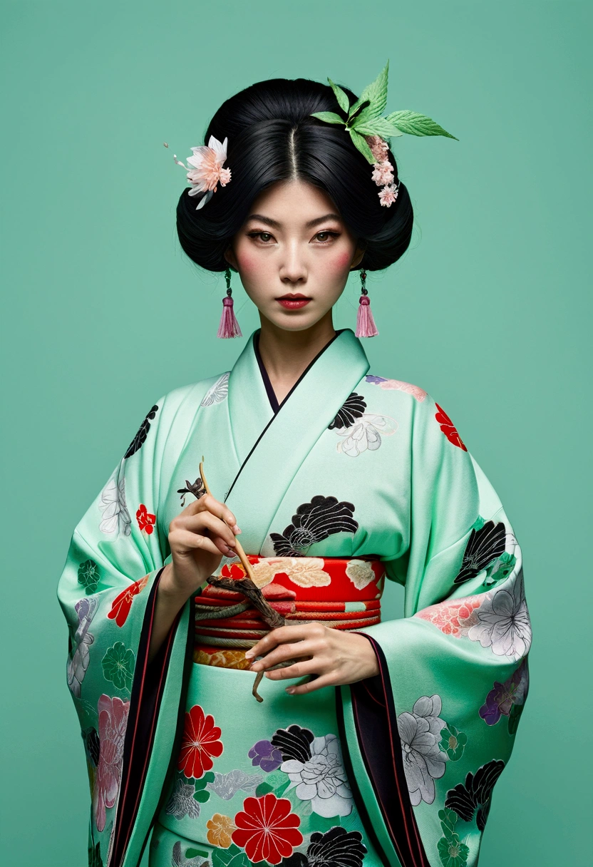 Japanese women in kimono, cartoons, witches, with mint elements, mint background