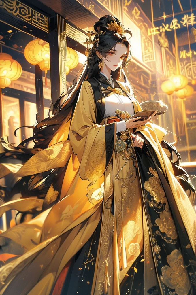 Black Hair, Immortal, Beauty, Royal sister, Stepmother, Gold Yellow Taoist robe, Golden Phoenix Coronet, Hair Bunch, Beautifulbreasts, Mature Woman，Sunshine