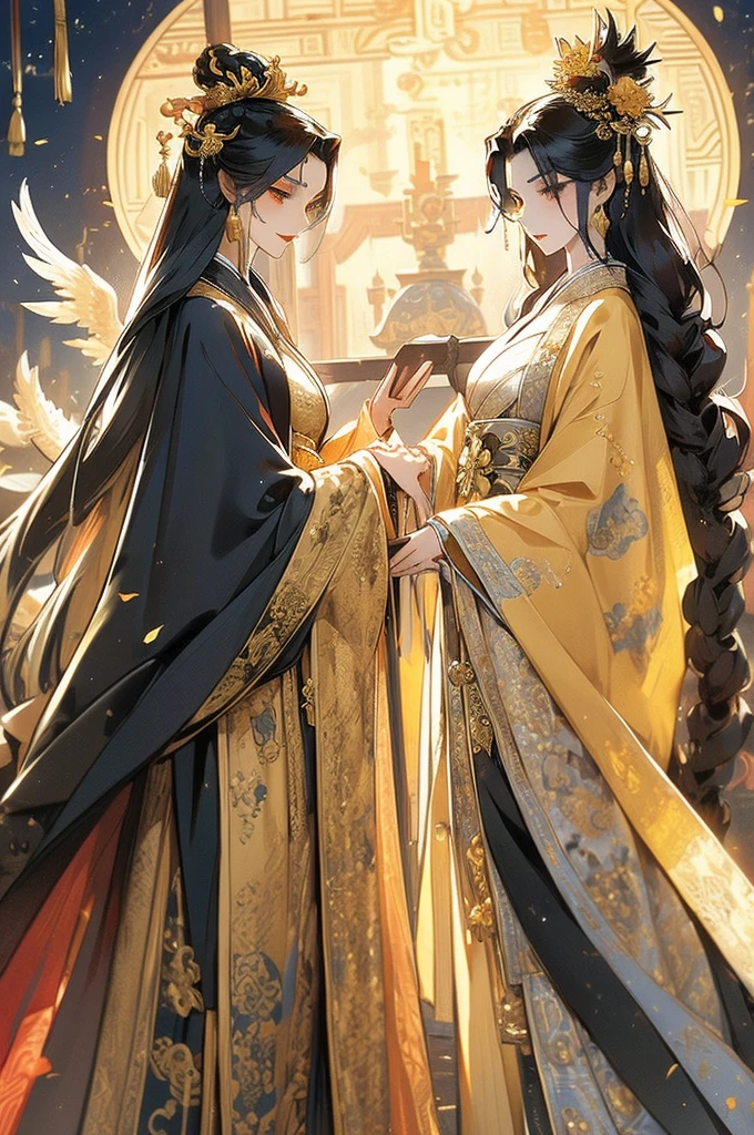 Black Hair, Immortal, Beauty, Royal sister, Stepmother, Gold Yellow Taoist robe, Golden Phoenix Coronet, Hair Bunch, Beautifulbreasts, Mature Woman，Sunshine