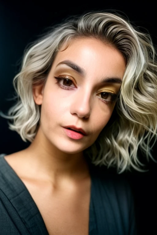 Beautiful young 22 yrs woman, (close-up, editorial photograph), [[wide angle photo]], (background inside dark, moody, private study:1.3), full body portrait, by lee jeffries, nikon d850, film stock photograph, 4 kodak portra 400, camera f1.6 lens, rich colors, hyper realistic, lifelike texture, dramatic lighting, cinestill 800. wavy micro bob hair, Dyed platinum hair, Dark Hazel eyes, Eye contact
