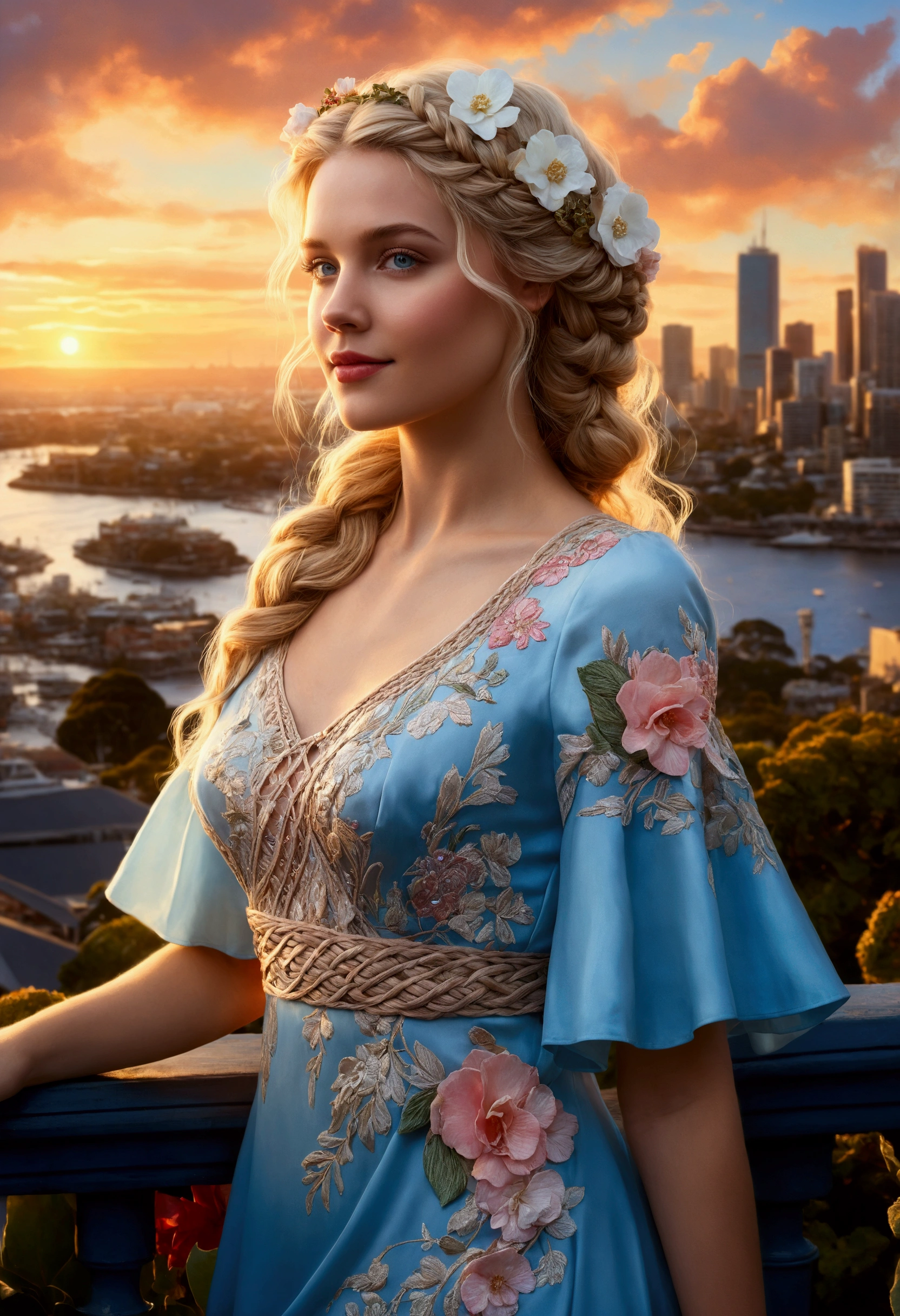 Full body image of a Kinkade-inspired Australian Sydney cityscape at sunset, intricately detailed vintage-braided blonde super beautiful woman with begonias in her hair, pale blue eyes reflecting the sunset cityscape, perfect lips and angel smile, dress with fantasy-narrative embroidery flowing and showing double exposure of oil city scenes, vibrant brushstrokes, through vixsin's artistic lens, digital painting, ultra fine detail, dramatic lighting,