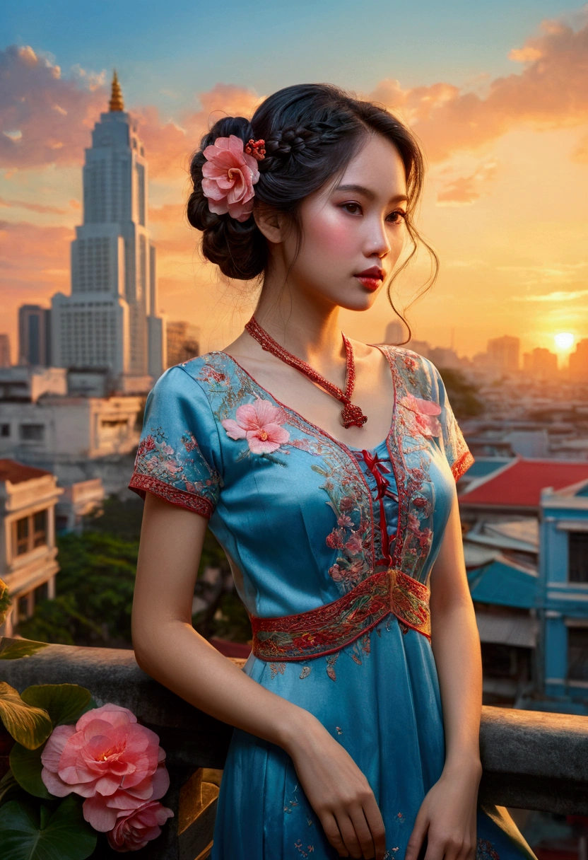 Full body image of a Kinkade-inspired Ho Chi Minh City cityscape at sunset, intricately detailed Vietnamese vintage-braided super beautiful girl with begonias in her hair, pale blue eyes reflecting the sunset cityscape, perfect lips, dress with fantasy-narrative embroidery flowing and showing double exposure of peace city scenes, vibrant brushstrokes, through vixsin's artistic lens, digital painting, ultra fine detail, dramatic lighting, realistic faces and eyes, UHD, 18K