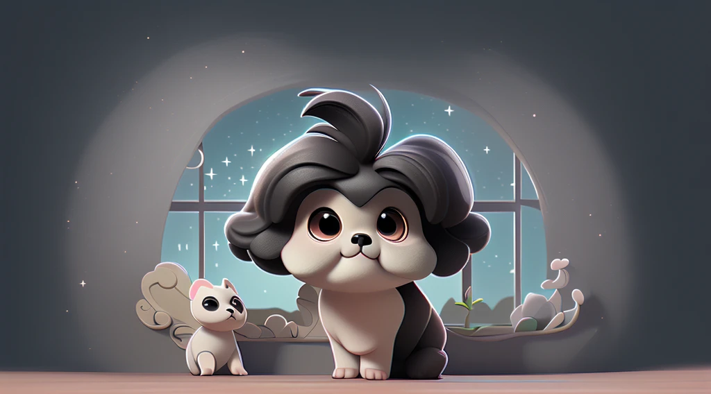 A curious little black black black black Shih Tzu puppy with sparkling eyes, Look out the window of the house.