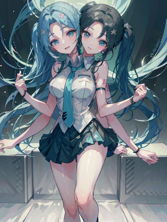 (Masterpiece, best quality), best resolution, (2 heads:1.5), 1 woman, Hatsune Miku, aqua hair, twin tail, long hair, tear, open mouth, smile, be happy, sing, Dancing, White sleeveless shirt, Aqua necktie, black skirt, Arms separated, DSLR Photos, (8ก, 4K, Masterpiece),(Masterpiece, best quality), best resolution, (3 heads:1.5),Arms separated,arm circle, (Put your hands on your head...), (lower hand on ankle), (lower hand on leg), Full content in the frame, full body view, (four arms),(Multi-arm),(many hands), รูปร่างเพรียวบาง Masterpiece,best quality,best resolution,1 woman,many heads, upper body, smile,  Facing the audience,big breasts,simple background,Beautiful face,Beautiful hair,beautiful eyes,beautiful body,Beautiful hands,conjoined twins