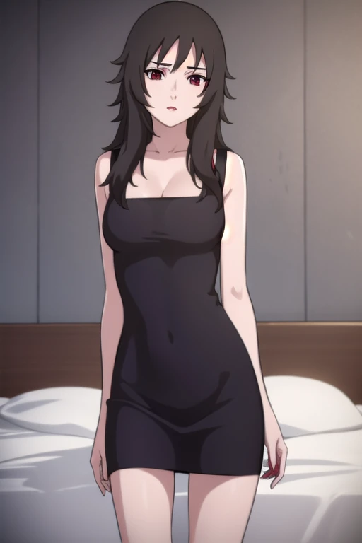 kurenai, kurenai, long hair, black hair, (red eyes:1.5), makeup, lipstick,
BREAK dress, cleavage, red dress, sleeveless,
BREAK looking at viewer, full body, (cowboy shot:1.5),
BREAK indoors, bed,
BREAK (masterpiece:1.2), best quality, high resolution, unity 8k wallpaper, (illustration:0.8), (beautiful detailed eyes:1.6), extremely detailed face, perfect lighting, extremely detailed CG, (perfect hands, perfect anatomy),