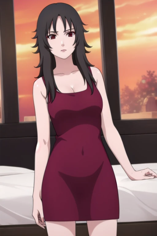 kurenai, kurenai, long hair, black hair, (red eyes:1.5), makeup, lipstick,
BREAK dress, cleavage, red dress, sleeveless,
BREAK looking at viewer, full body, (cowboy shot:1.5),
BREAK indoors, bed,
BREAK (masterpiece:1.2), best quality, high resolution, unity 8k wallpaper, (illustration:0.8), (beautiful detailed eyes:1.6), extremely detailed face, perfect lighting, extremely detailed CG, (perfect hands, perfect anatomy),