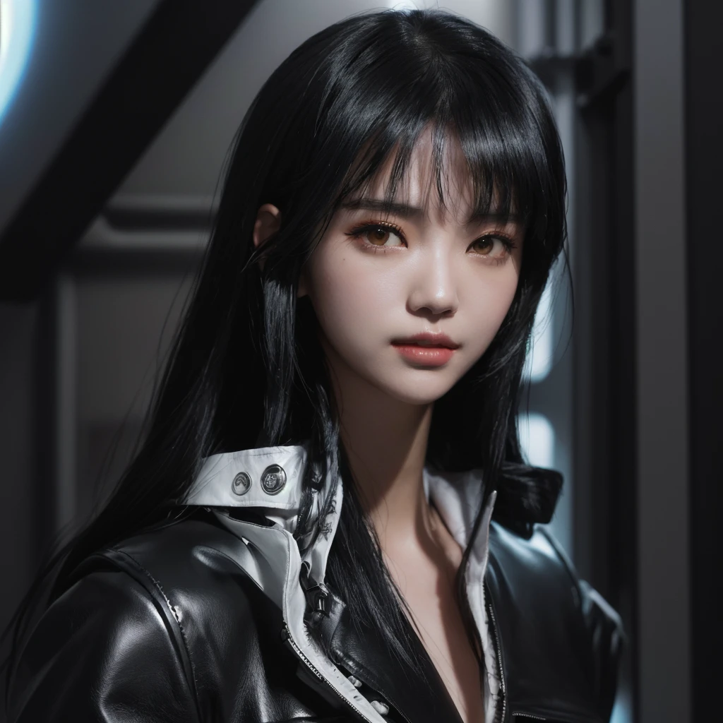 Alaf Asian woman in leather jacket poses for photo, She has black hair with bangs, seductive Tifa Lockhart portrait, Cyberpunk girl with jet black hair, Tifa Lockhart portrait, Super villain IU Lee Ji-eun, Ishida Sui with black hair, portrait of Tifa Lockhart, Tifa Lockhart, Inspired by Ma Yuanyu, Anime Girl Cosplay