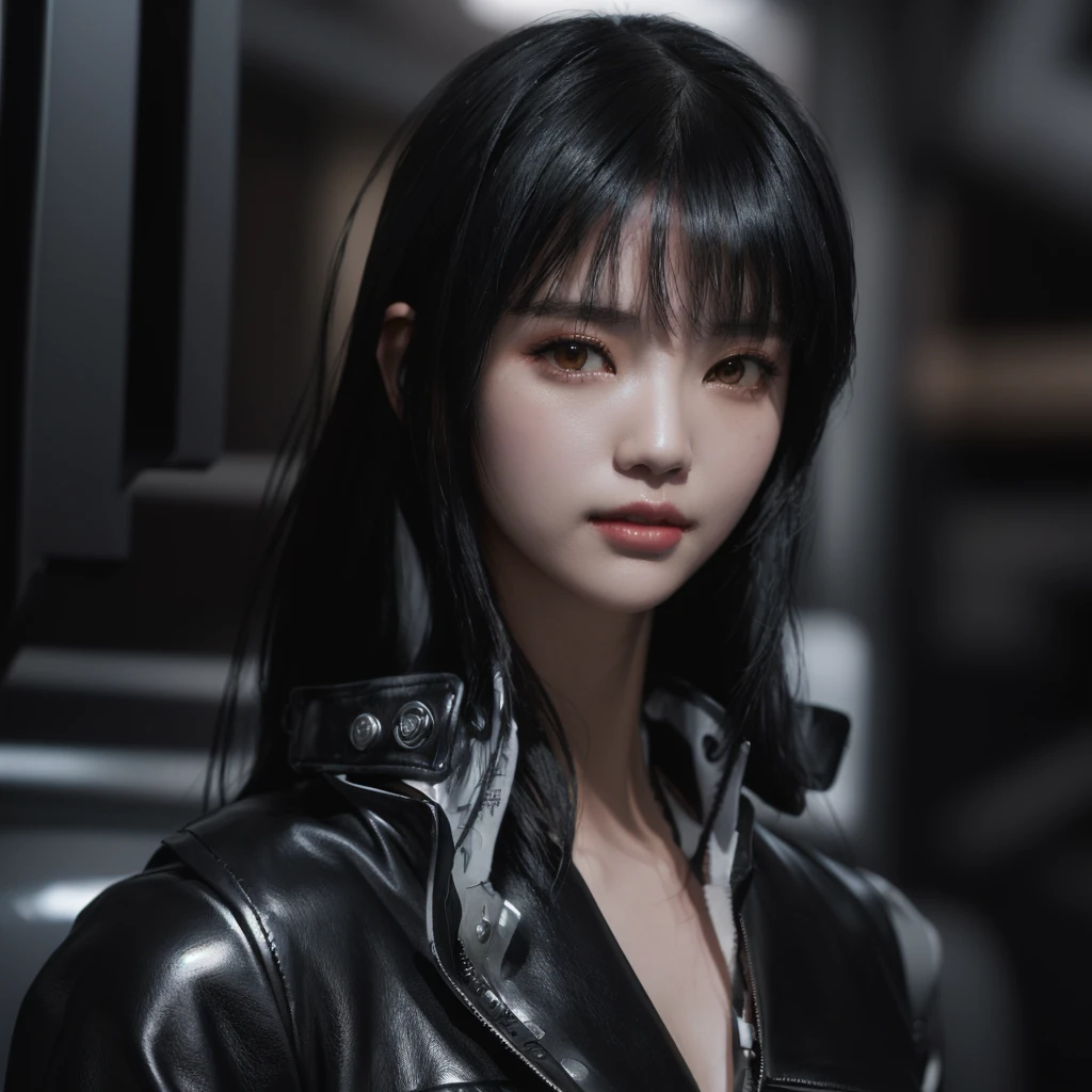 Alaf Asian woman in leather jacket poses for photo, She has black hair with bangs, seductive Tifa Lockhart portrait, Cyberpunk girl with jet black hair, Tifa Lockhart portrait, Super villain IU Lee Ji-eun, Ishida Sui with black hair, portrait of Tifa Lockhart, Tifa Lockhart, Inspired by Ma Yuanyu, Anime Girl Cosplay